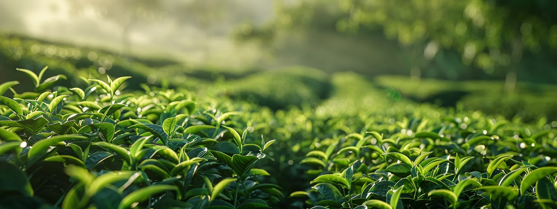 a serene tea garden with various tea plants blooming, showcasing green, oolong, dandelion, chamomile, and peppermint teas for a flat tummy.