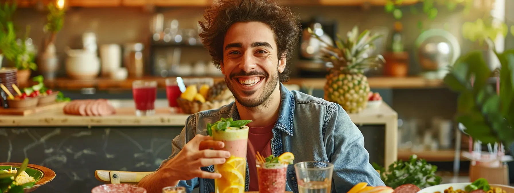 a smiling individual enjoying a colorful, nutritious shake surrounded by ingredients like scrambled eggs and sausage, reflecting successful weight loss and expert advice.