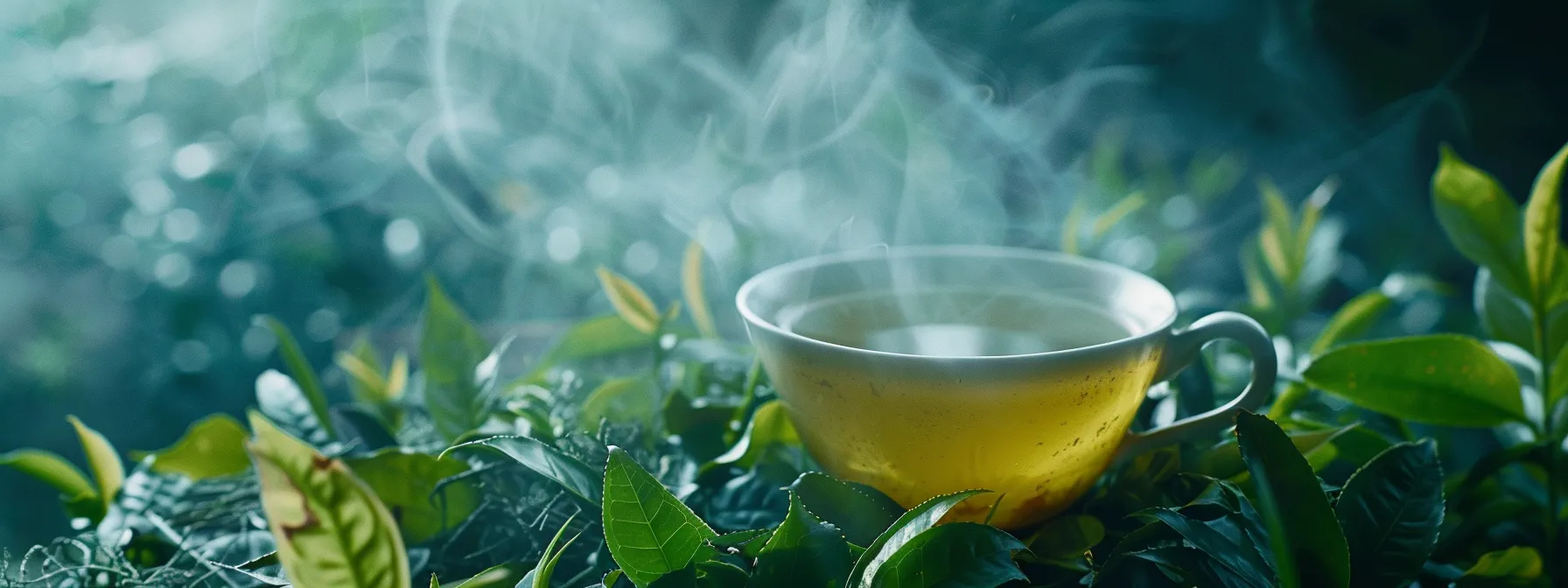 a steaming cup of green tea surrounded by vibrant tea leaves, showcasing the natural compounds that boost metabolism and aid in weight management.