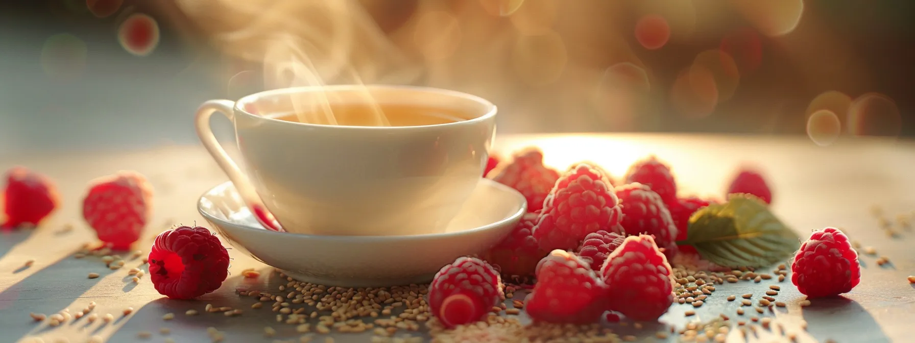 a steaming cup of weight loss tea surrounded by fresh raspberries and sesame seeds, creating a vibrant and inviting scene.