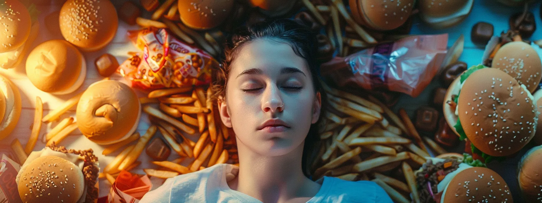 a tired person surrounded by junk food surrounded by junk food, looking unmotivated to exercise.