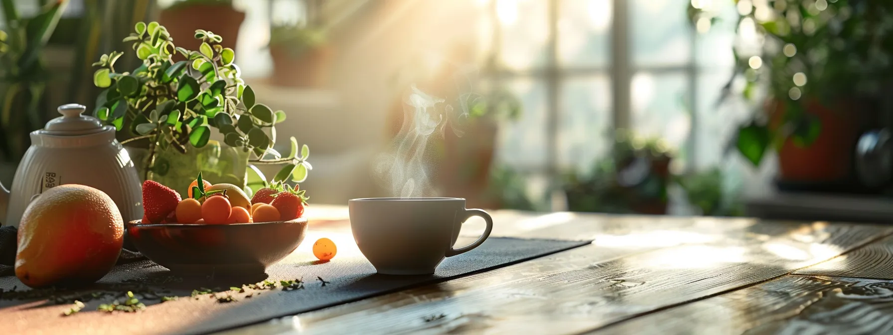 a tranquil morning scene with a steaming cup of tea infused with fresh herbs, placed next to a yoga mat and a bowl of fruit, symbolizing a healthy, balanced daily routine for optimal weight management.