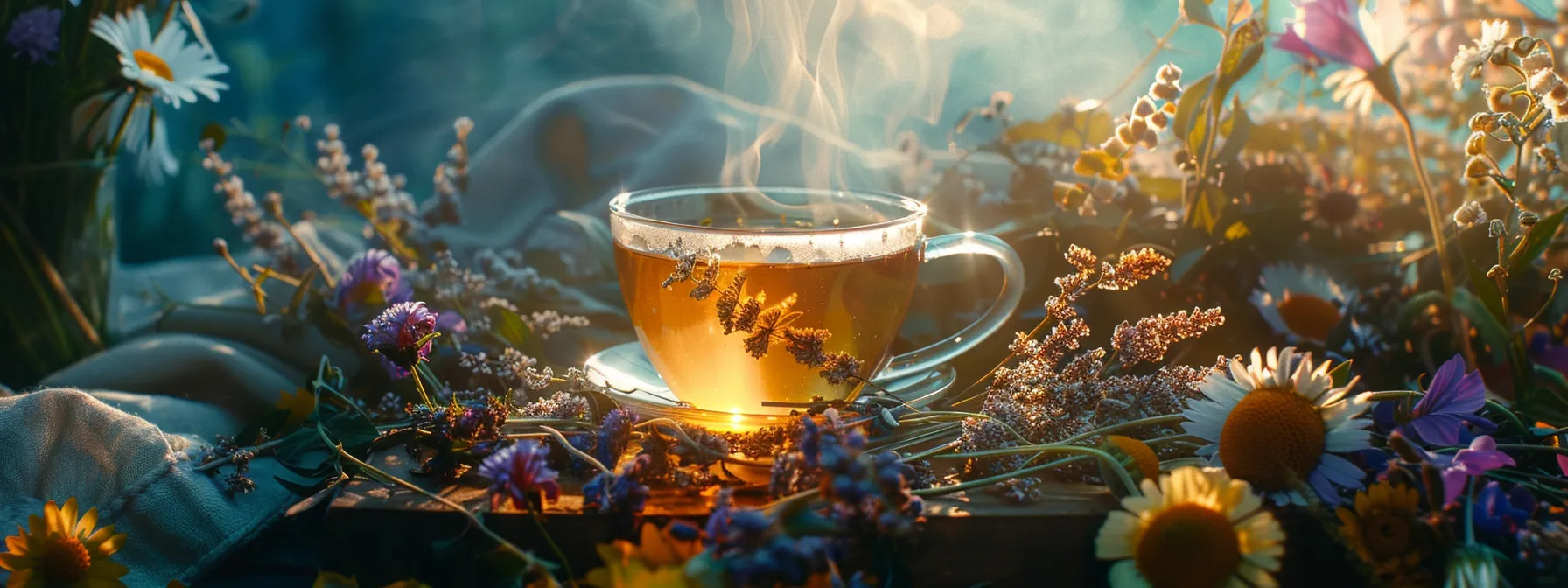 a tranquil scene of a steaming cup of herbal tea surrounded by calming herbs and flowers, symbolizing stress relief and weight loss support.