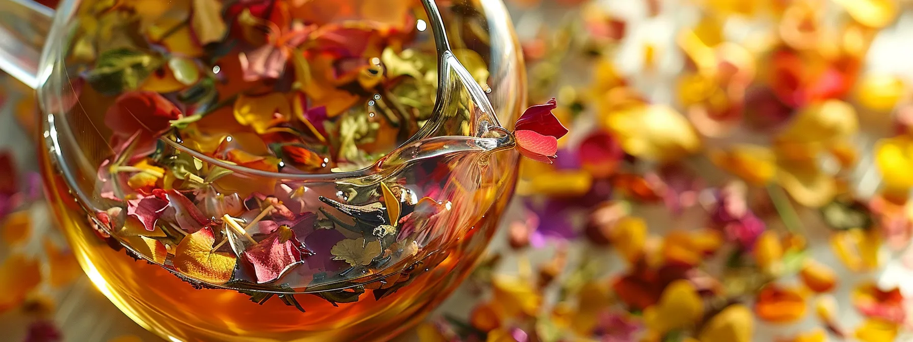 a vibrant array of colorful herbal tea leaves and petals, brewing in a clear glass teapot, exuding a delightful aroma of health and wellness.