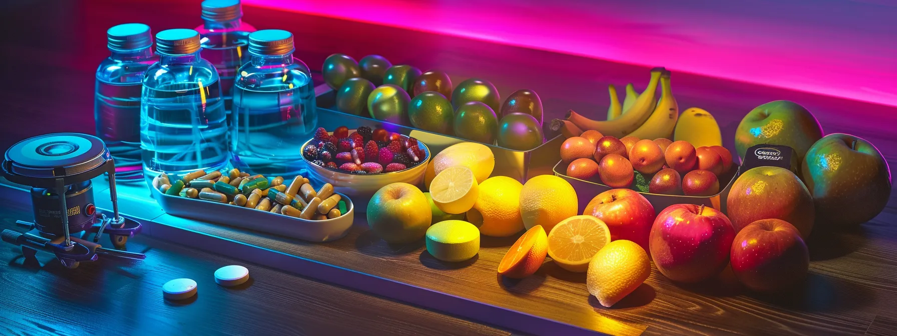 a vibrant array of colorful nutritional supplements displayed next to a balanced meal and exercise equipment, illustrating the key elements of successful weight loss.