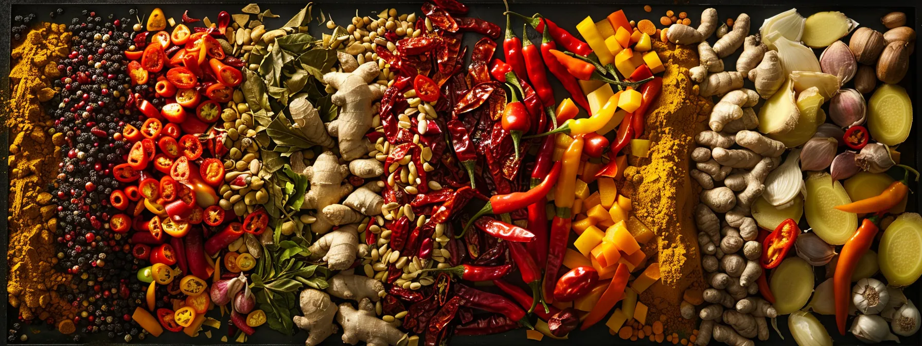 a vibrant array of colorful peppers, ginger, and turmeric, exuding a spicy and energizing aroma, ready to be incorporated into meals to boost metabolism.