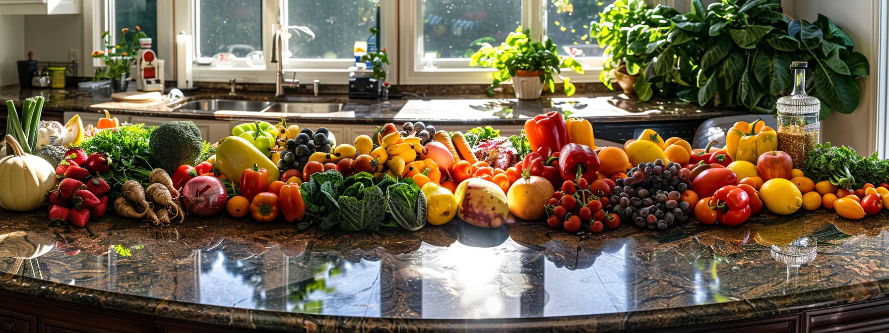 a vibrant array of fresh fruits and vegetables spread out on a kitchen counter, ready to be blended into a nutritious homemade shake for a successful weight loss journey.