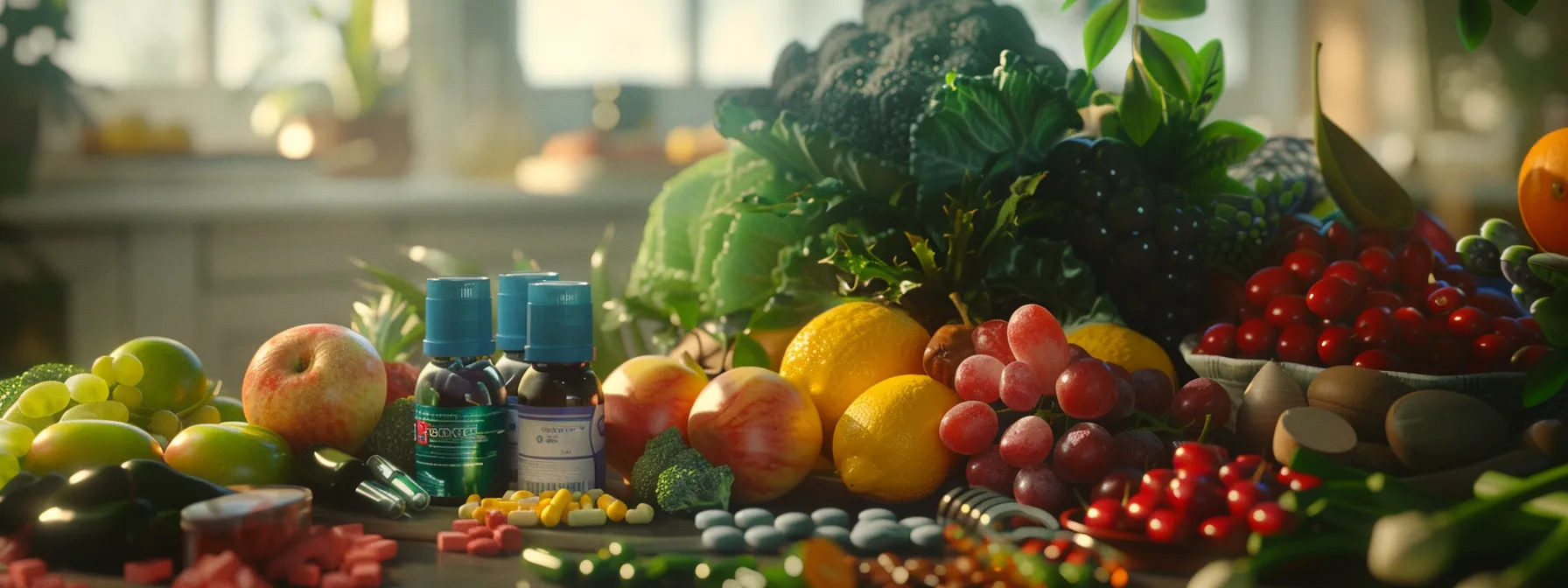 a vibrant array of fresh fruits and vegetables displayed next to a colorful assortment of detox supplements and herbal remedies.