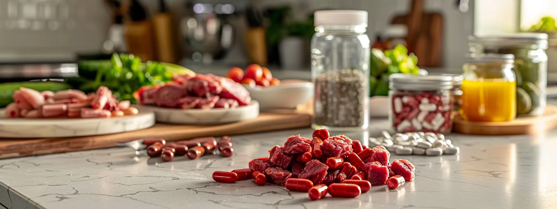 a vibrant, colorful array of keto supplements and fresh ingredients like ground beef and red meat on a clean, modern kitchen countertop.