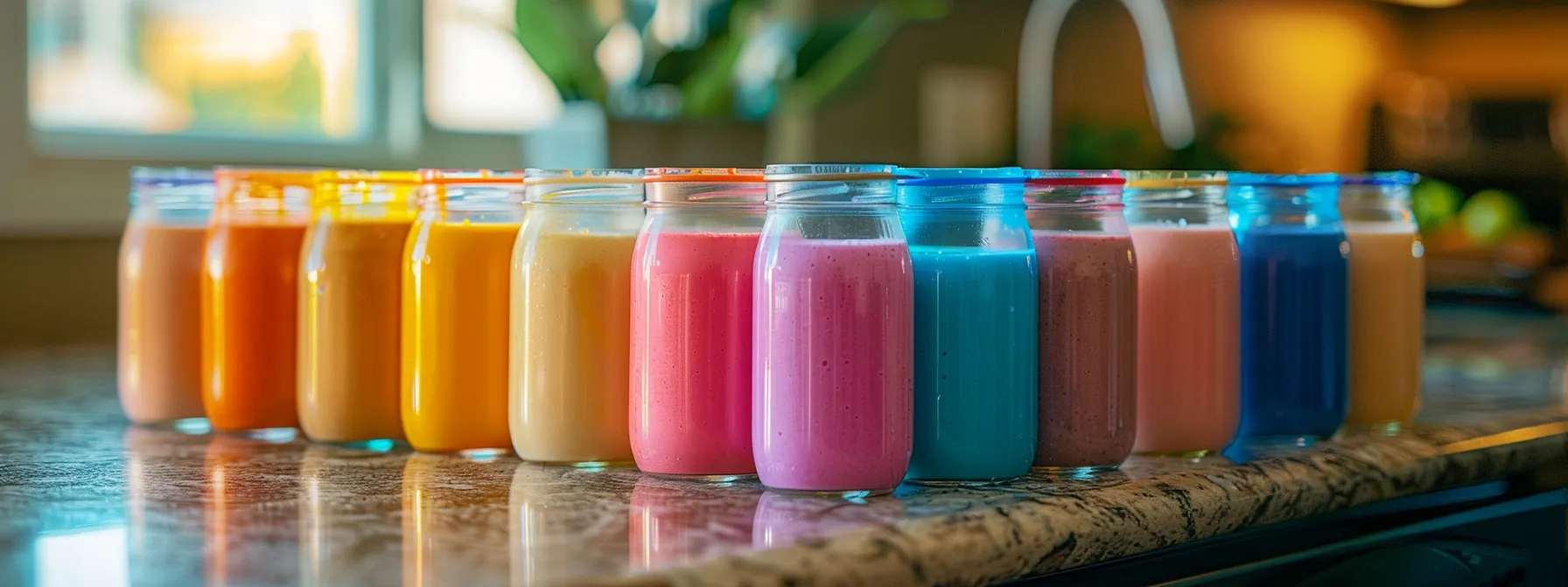 a vibrant, colorful array of meal replacement shakes lined up on a kitchen counter, showcasing a variety of flavors to enhance understanding of shake diets for weight loss.