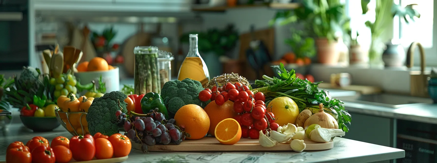 a vibrant, colorful array of nutrient-dense fruits and vegetables displayed on a kitchen counter.