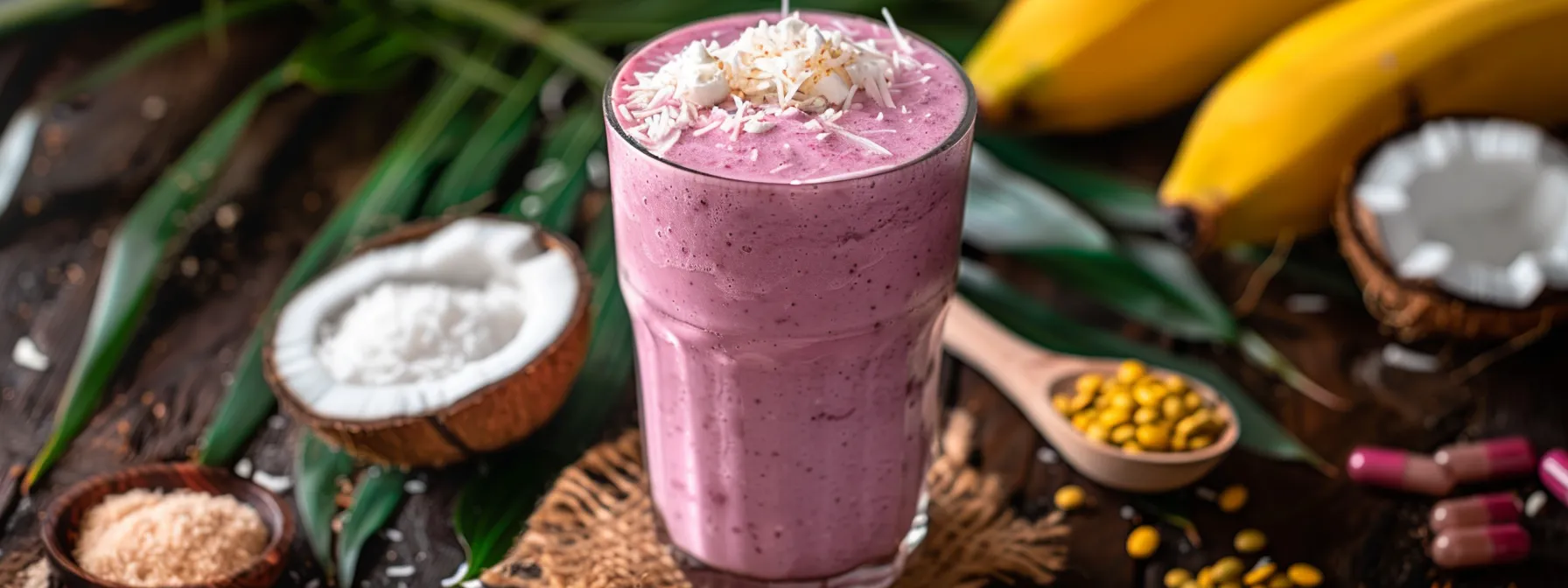 a vibrant, colorful keto shake surrounded by fresh ingredients like coconut oil and vitamins, symbolizing energy, simplicity, and health benefits.