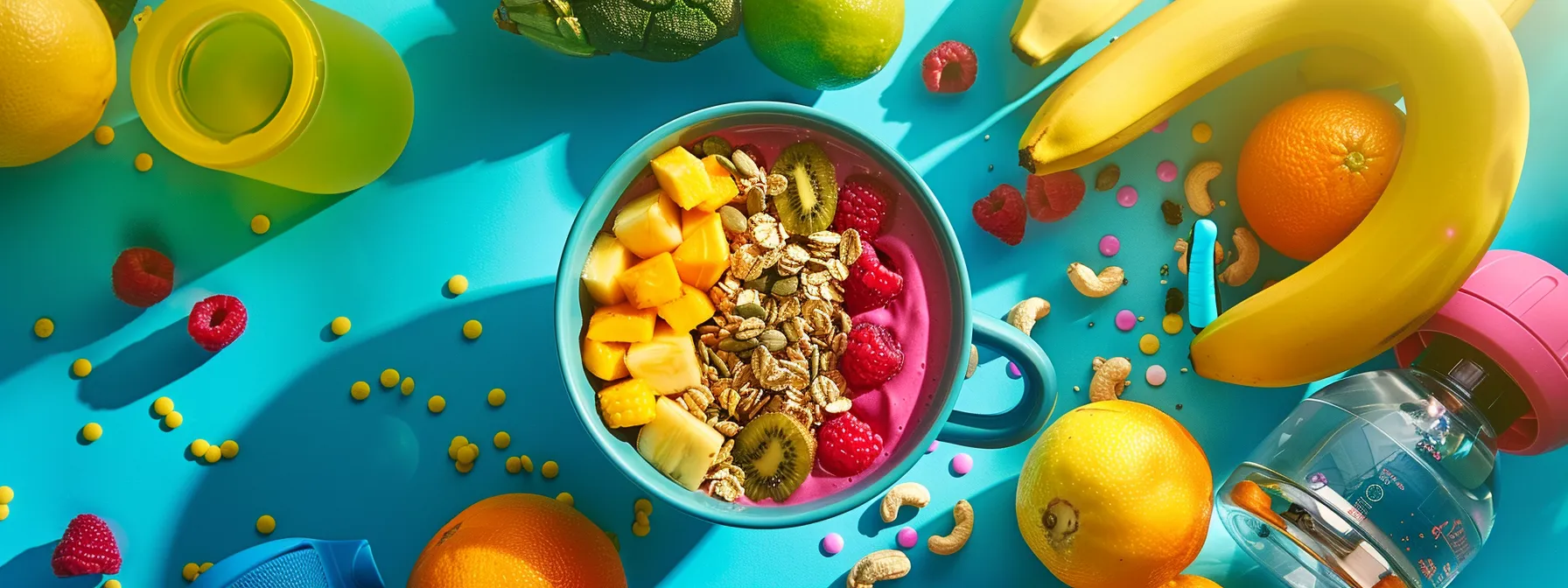 a vibrant, colorful smoothie bowl filled with vitamin-rich fruits and topped with nutritious nuts and seeds, surrounded by workout equipment and a water bottle, symbolizing the integration of supplements, healthy eating, and exercise into a balanced lifestyle.