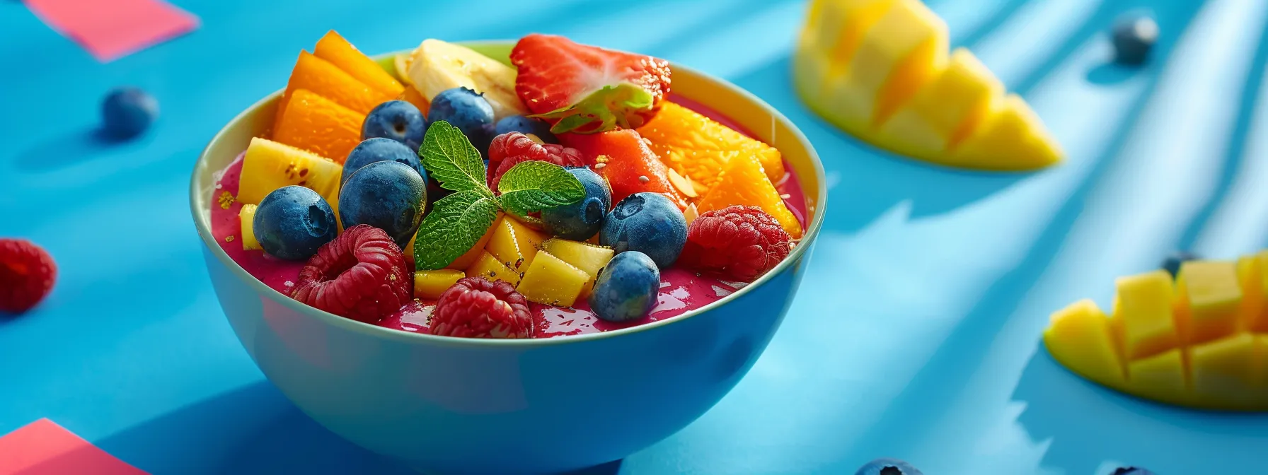 a vibrant, colorful smoothie bowl filled with fresh fruit and low-sugar ingredients, showcasing a healthy and delicious option for weight loss.