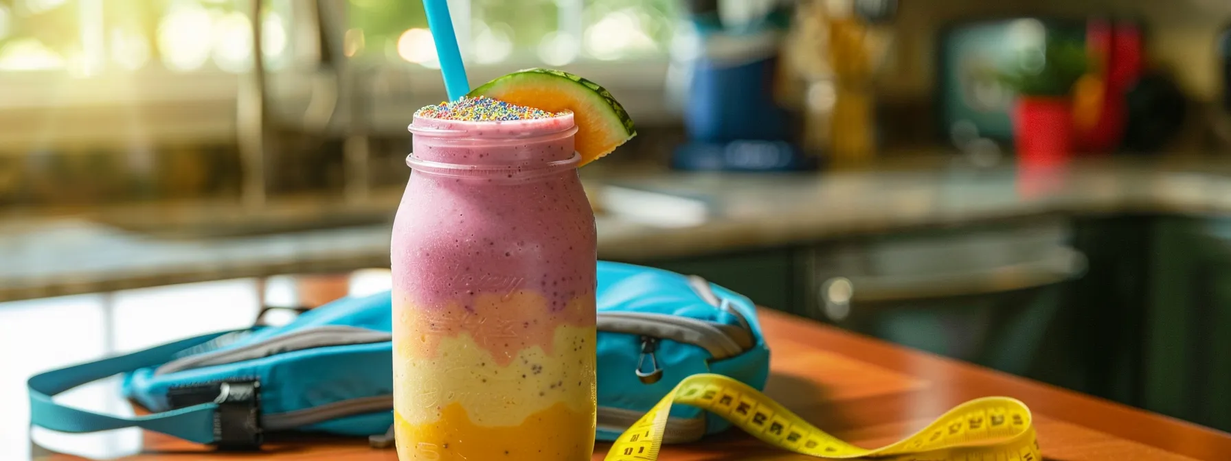 a vibrant, colorful smoothie next to a gym bag and a measuring tape on a kitchen counter.