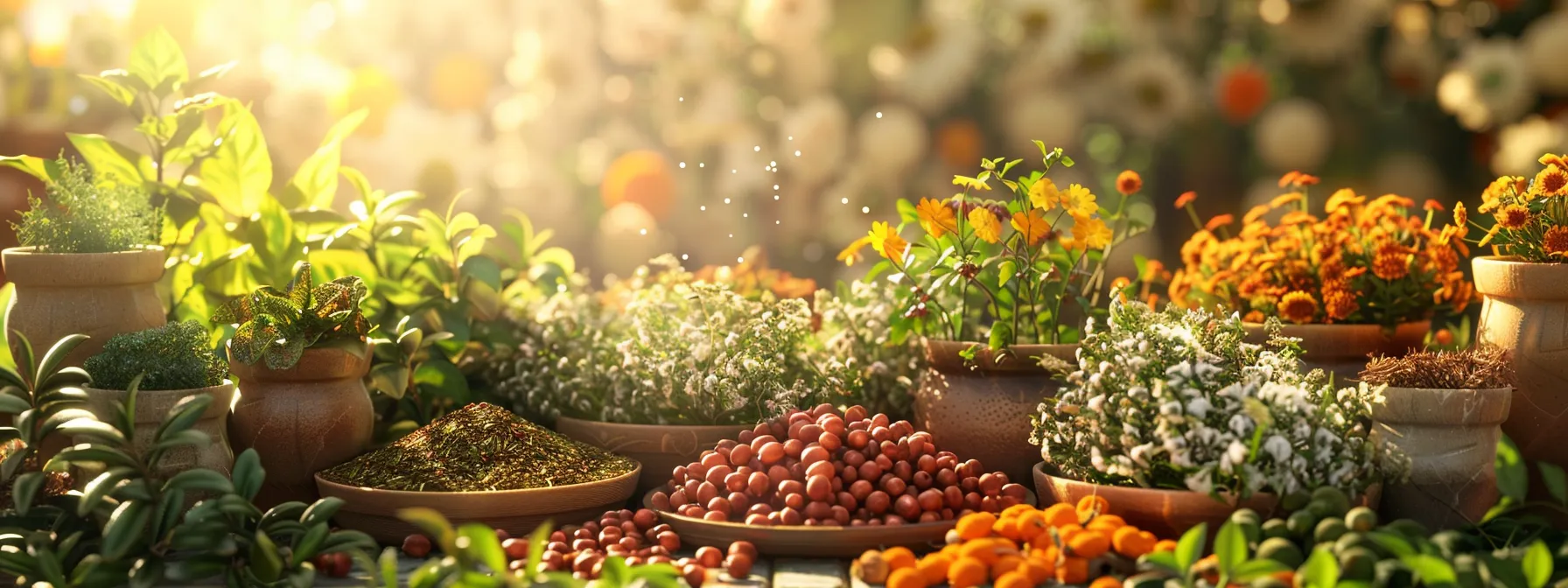 a vibrant display of various herbs and seeds, symbolizing success and vitality in natural weight loss journeys.