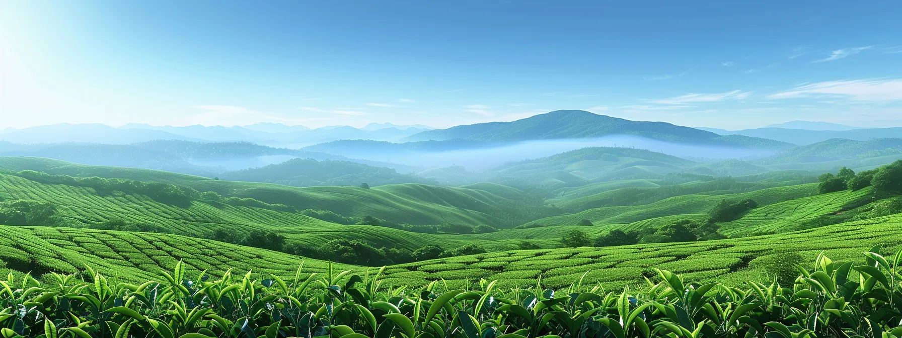 a vibrant field of lush green tea plants stretching as far as the eye can see under a clear blue sky.