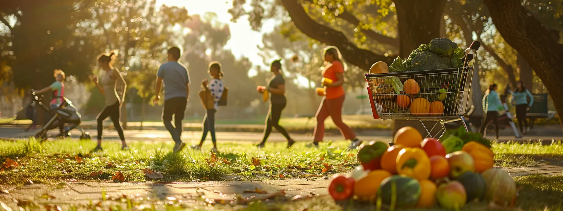 a vibrant fruit and vegetable-filled grocery cart sits next to a group of friends exercising in a sunny park, emphasizing the importance of sustainable healthy habits and community support after using appetite suppressants.