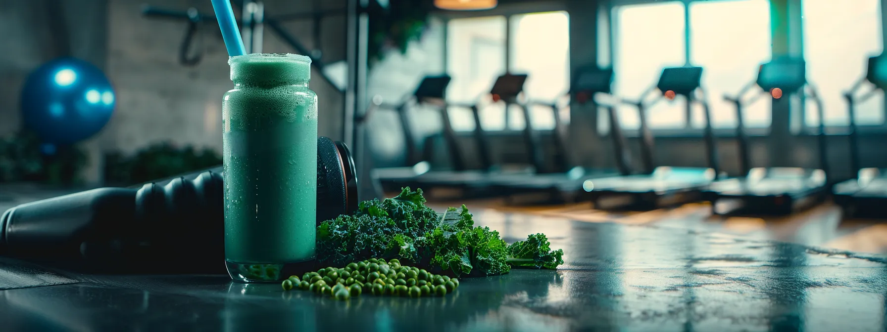 a vibrant green kale and pea protein shake placed next to a gym water bottle, highlighting the key ingredients for effective weight loss and muscle preservation.