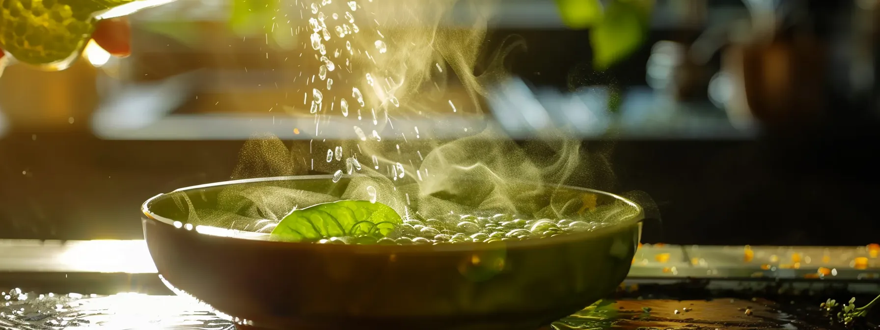 a vibrant green tea leaf being steeped in hot water, releasing a cloud of aromatic steam, symbolizing the metabolism-boosting effects of green tea extract.