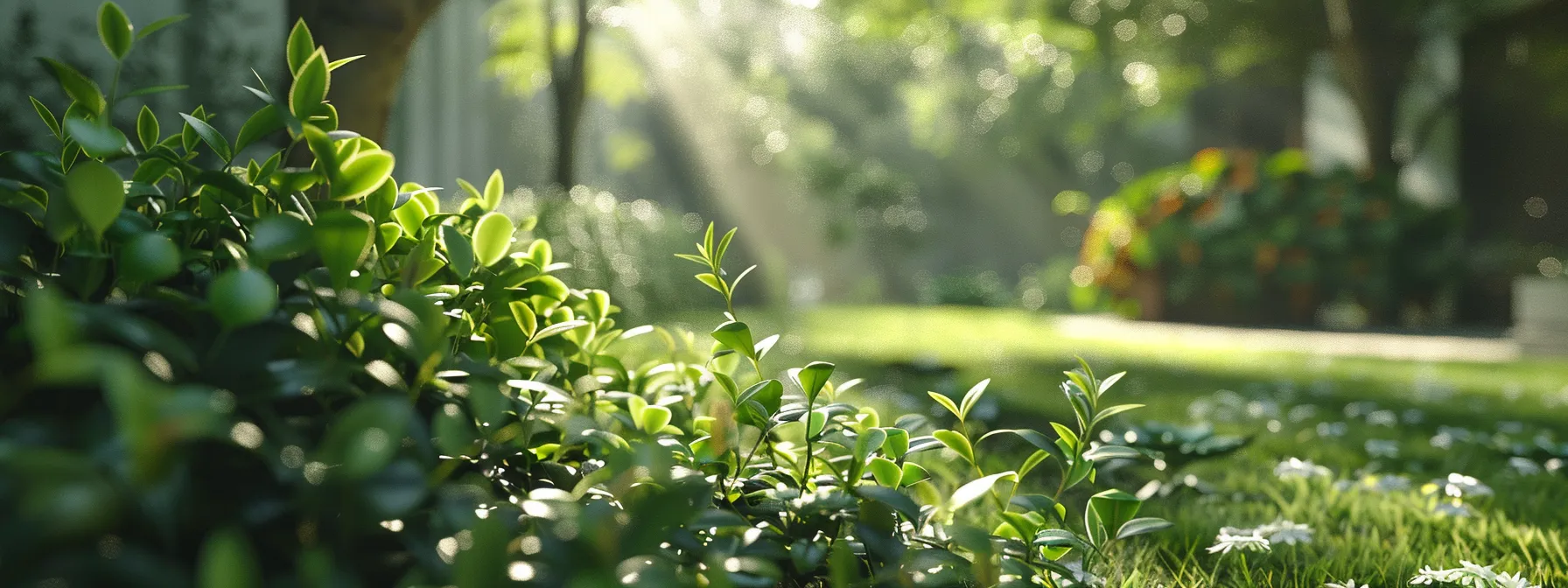 a vibrant green tea plant growing in a sunlit garden, symbolizing the natural and effective weight loss properties of green tea extract.