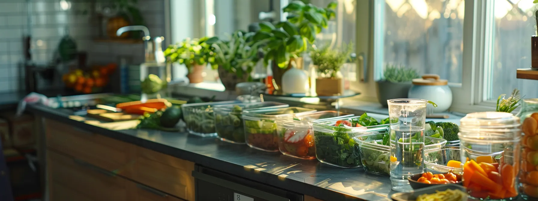 a vibrant kitchen counter filled with neatly arranged containers of prepped food, a colorful salad, a full glass of water, and a healthy eating out guide.