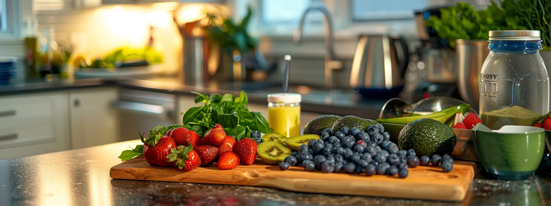 a vibrant kitchen counter filled with an array of colorful keto shake ingredients, including fresh berries, avocado, and spinach, highlighting the key considerations for maximizing fat loss with keto shakes.