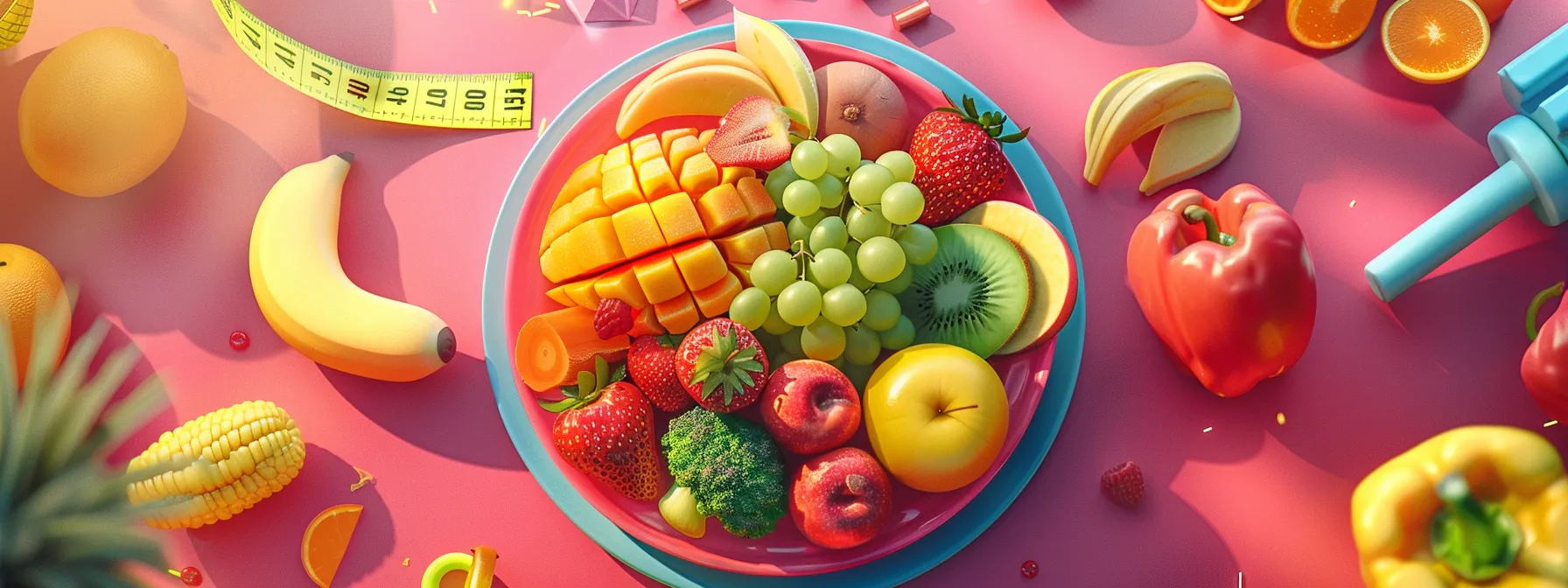 a vibrant plate filled with colorful fruits and vegetables, surrounded by workout equipment and a measuring tape, symbolizing a balanced approach to fat loss through nutrition and exercise.