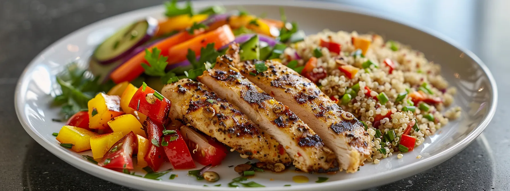 a vibrant plate filled with colorful vegetables, grilled chicken, and a side of quinoa, showcasing a nutritious and high-protein meal that supports metabolic function.