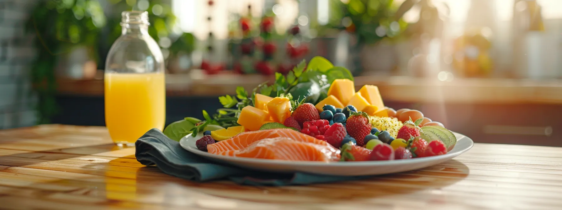 a vibrant plate of colorful, nutrient-rich foods next to a water bottle and exercise equipment symbolizing the balance between supplements and healthy habits for weight loss success.