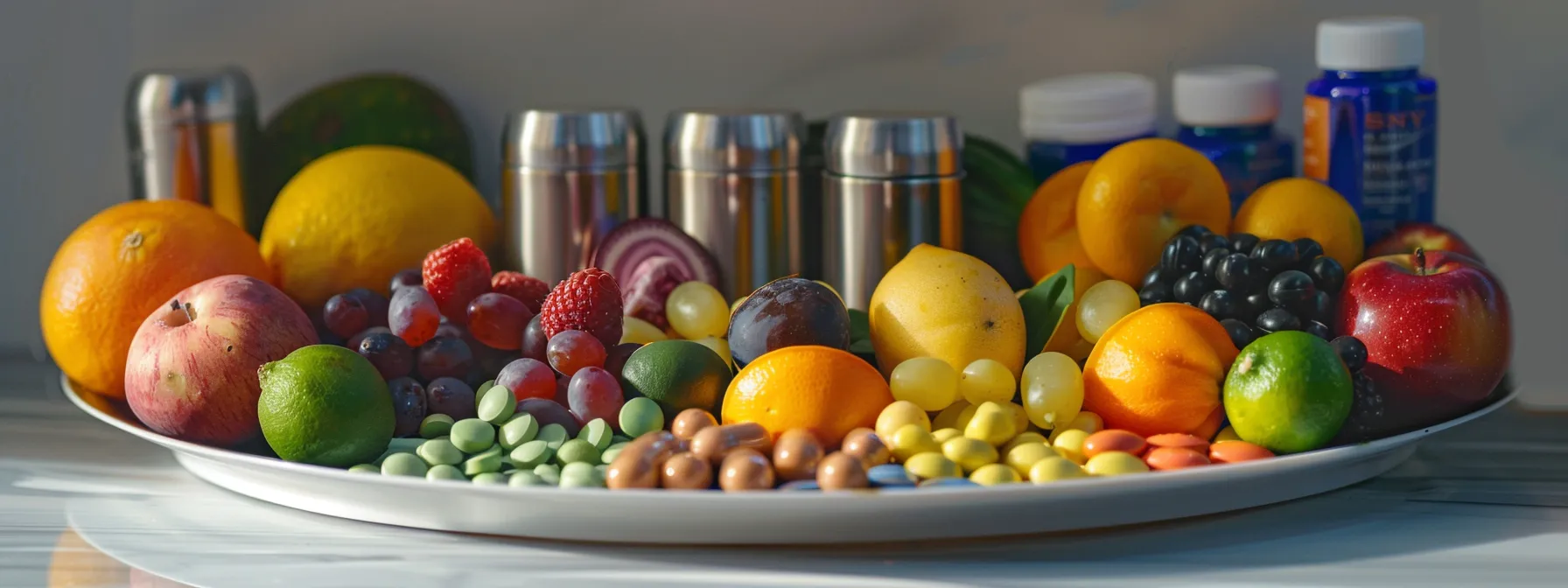 a vibrant plate of colorful, nutrient-rich fruits and vegetables next to bottles of unregulated supplements, illustrating the conflicting choices between health and potential risks of detox diets.