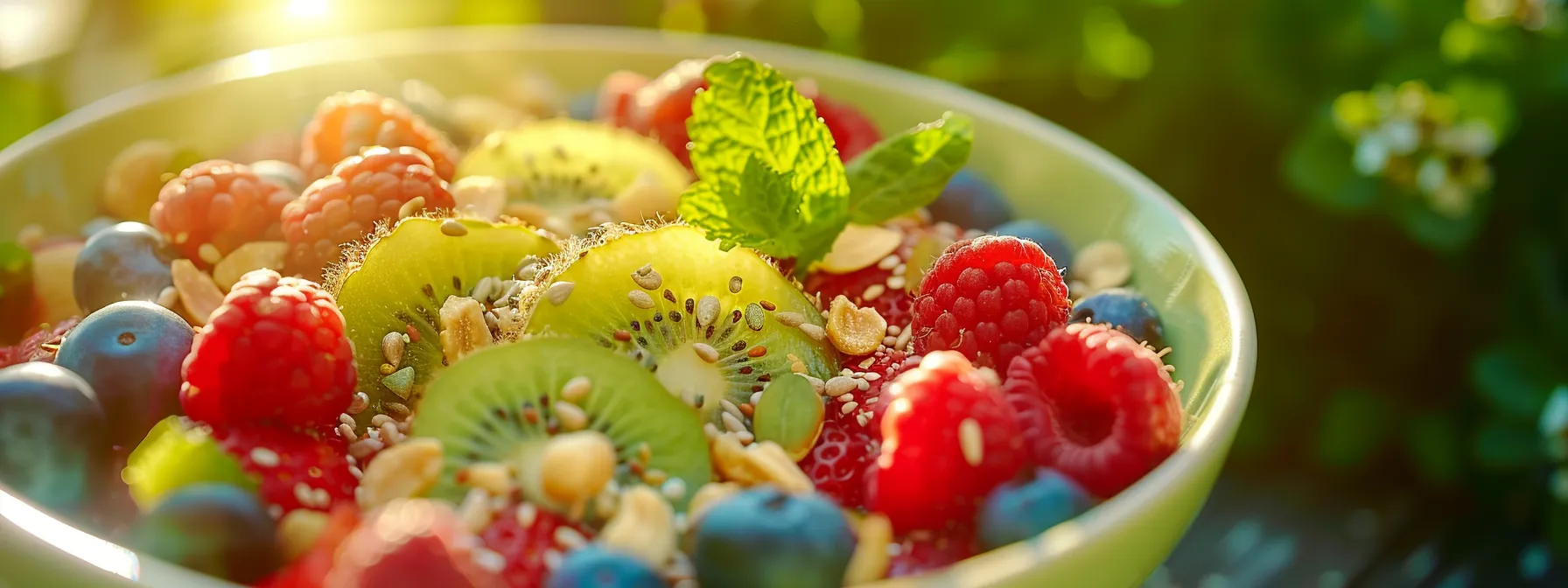 a vibrant smoothie bowl filled with fresh fruits, nuts, and seeds, exuding health and vitality.