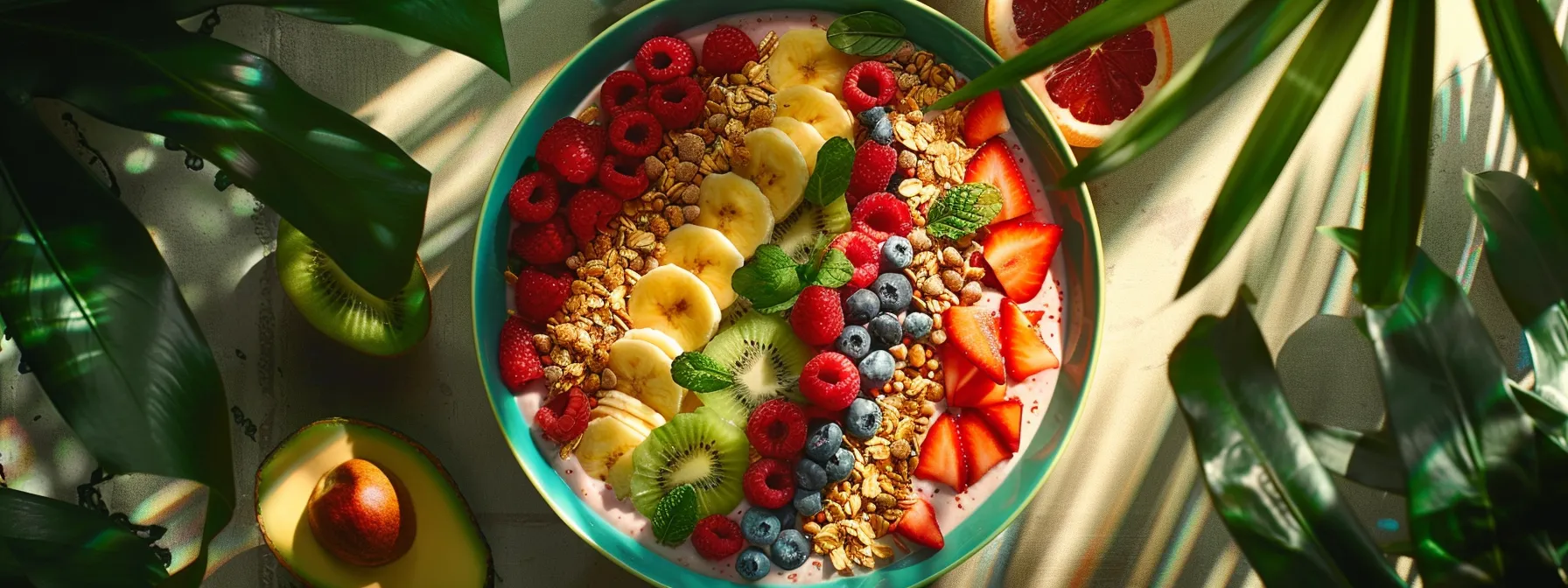 a vibrant smoothie bowl filled with colorful fruits and topped with crunchy granola and chia seeds, surrounded by fresh ingredients like spinach and avocado, creating a balanced and nutritious meal for optimal weight loss results.