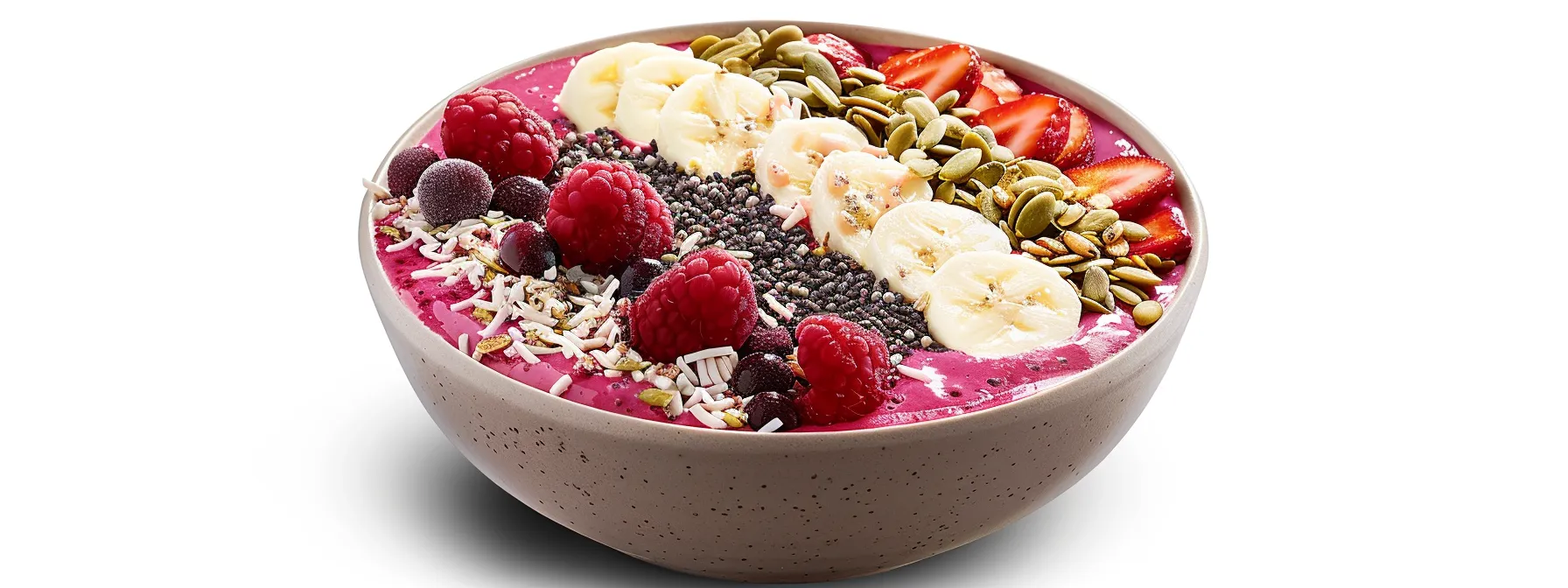 a vibrant smoothie bowl topped with a variety of colorful fruits and seeds, showcasing the use of protein powder for weight loss and balanced nutrition.