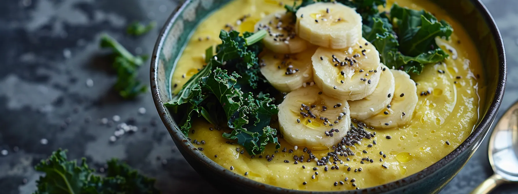 a vibrant smoothie bowl topped with fresh kale, ripe bananas, and chia seeds, showcasing the nutritious ingredients of natural weight loss shakes.