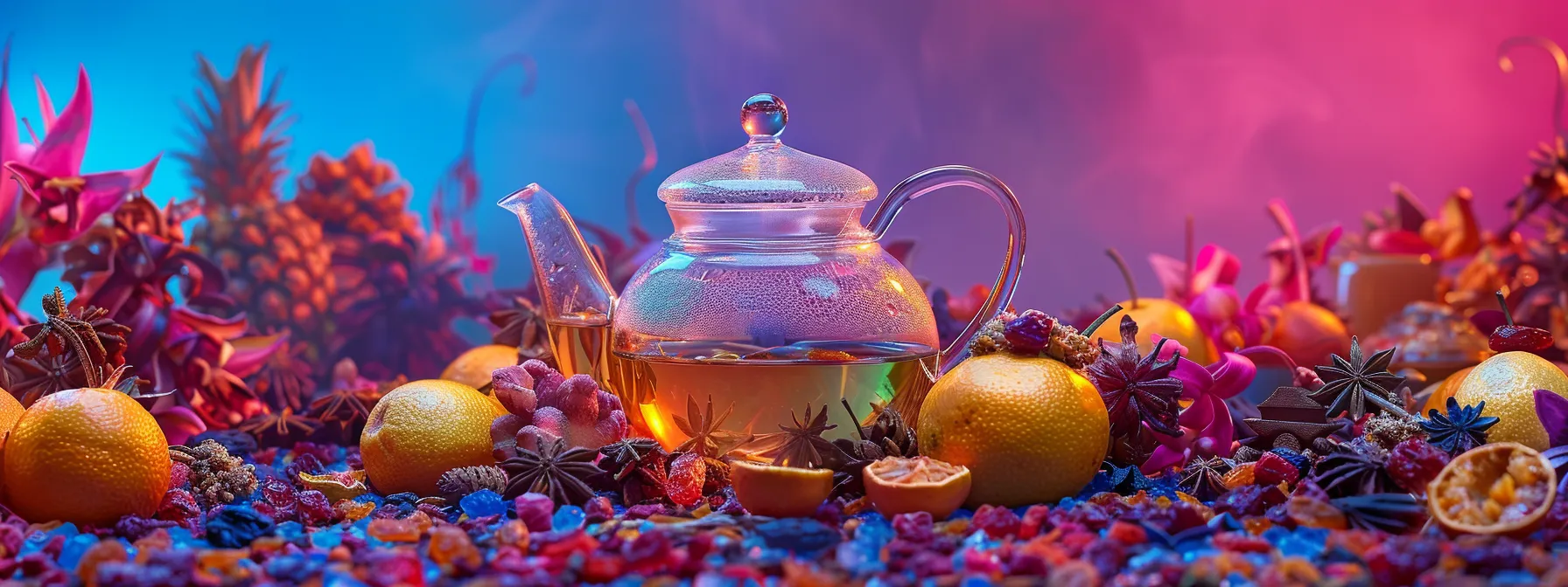 a vibrant tea set surrounded by colorful dried fruits and a fitness tracker, symbolizing the integration of weight loss teas into a healthy lifestyle.