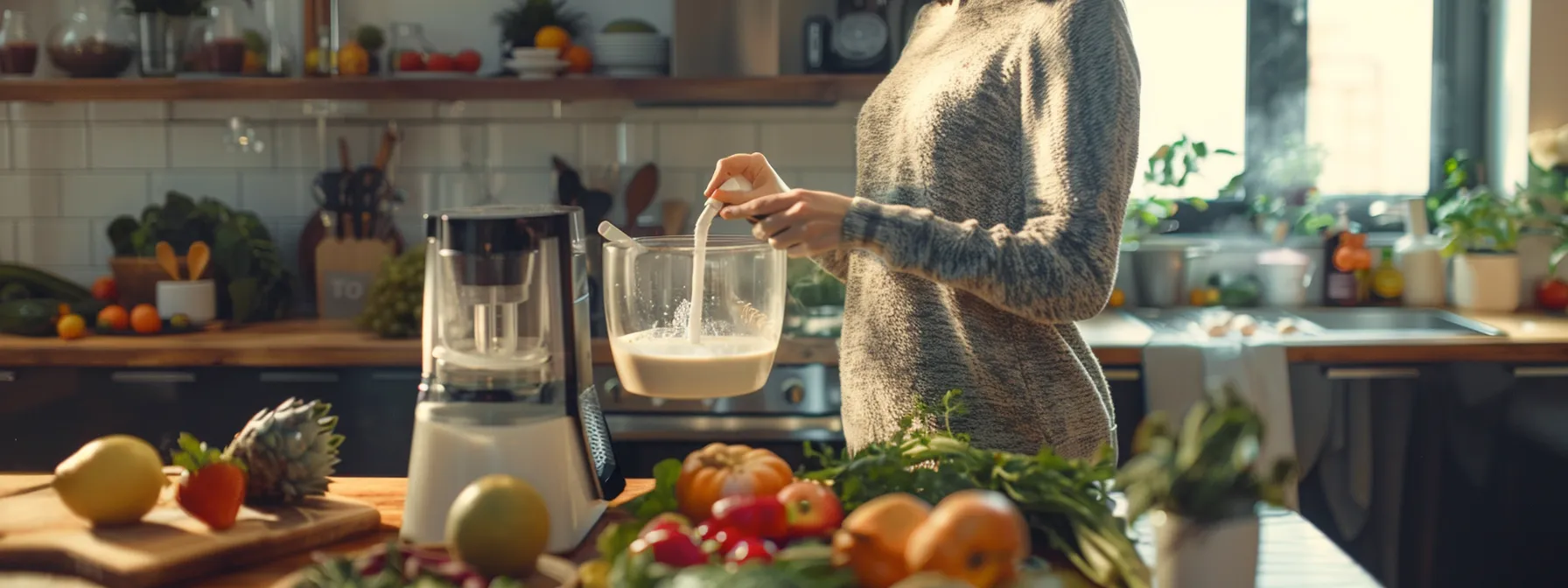 a woman blending a creamy protein shake with fresh fruits and vegetables in a modern kitchen.