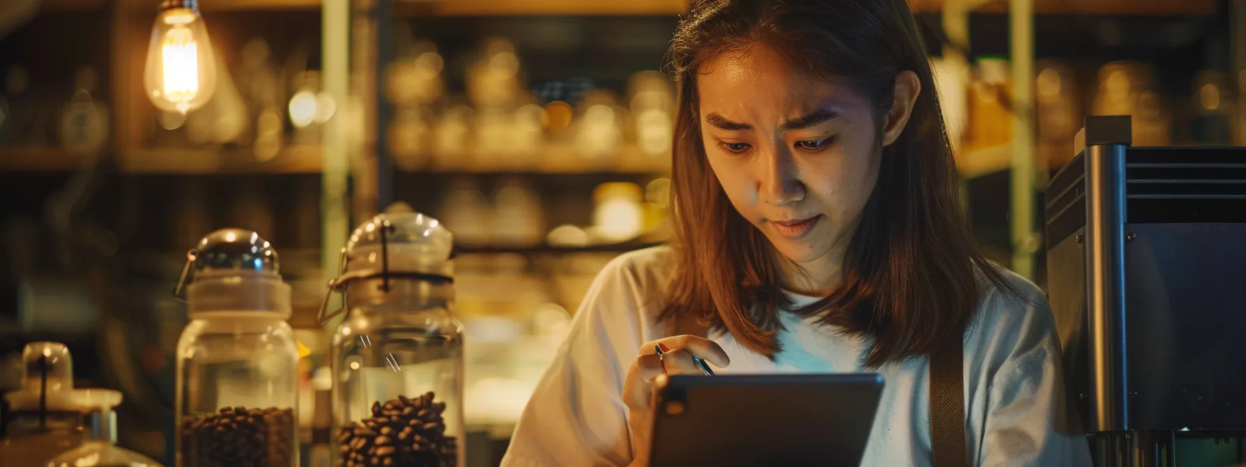 a woman carefully comparing natural coffee bean extract with synthetic formulas while reading reviews on her tablet.