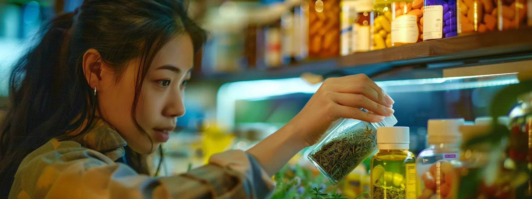 a woman carefully examining a bottle of herbal supplement, with a vibrant display of various supplements in the background.