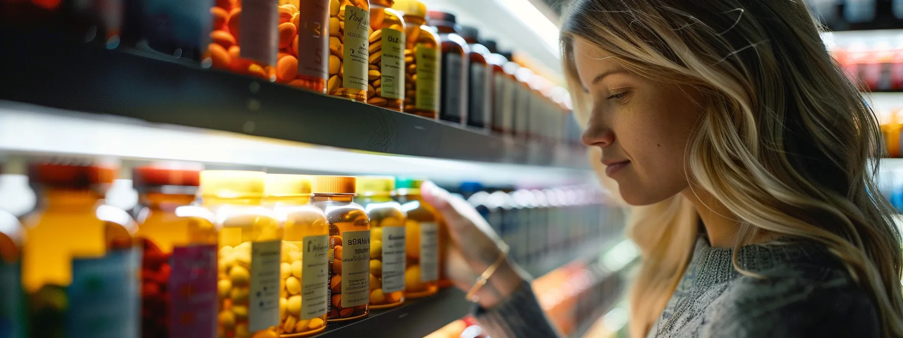 a woman carefully examining a colorful array of supplement bottles, comparing labels and certifications for safety and efficacy.