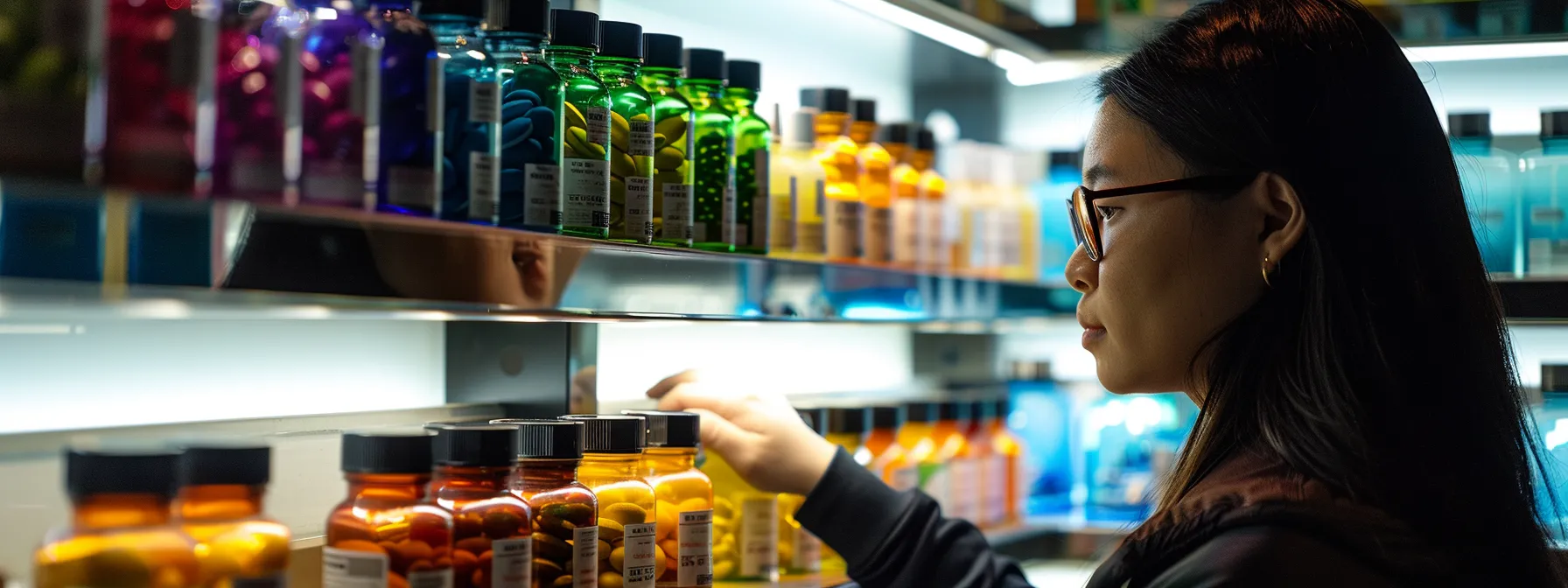 a woman carefully examining a row of colorful, high-quality supplement bottles on a well-lit shelf at a health store.