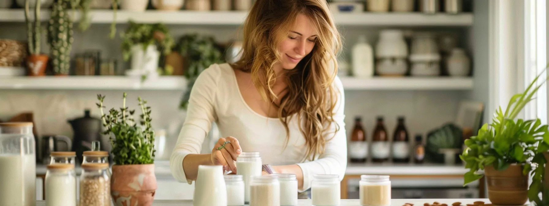 a woman carefully examining a variety of keto shake ingredients, including almond milk, kale, and nut-based sources, to select the best option for her weight loss goals.