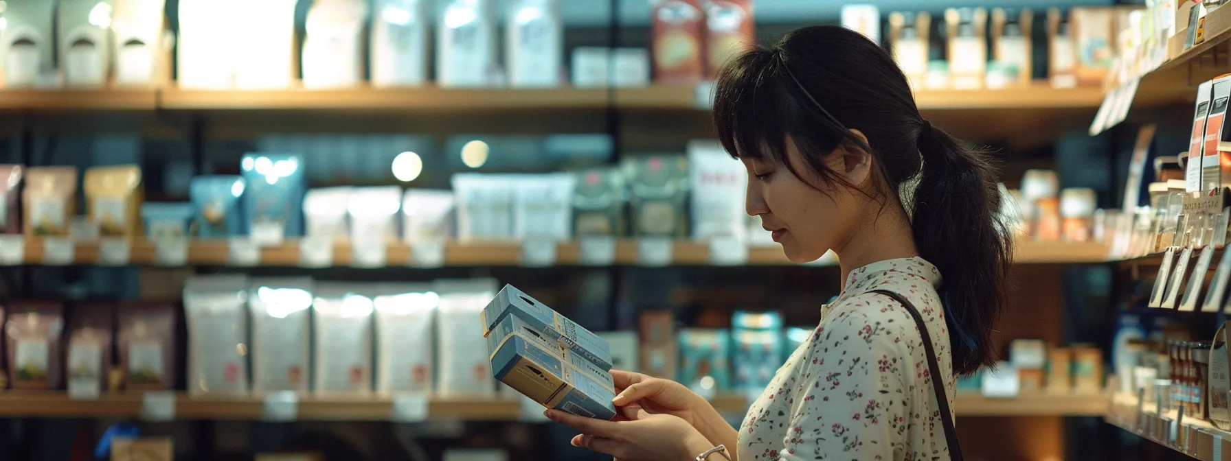 a woman carefully examining different boxes of weight loss tea in a store, comparing labels for quality indicators and checking caffeine content.