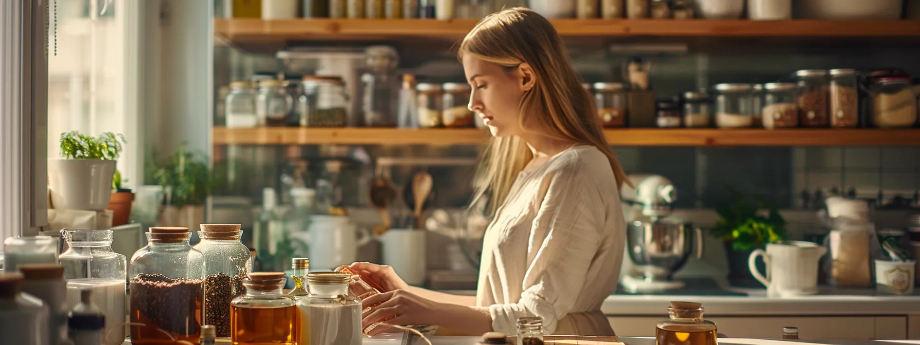 a woman carefully examining various detox tea blends in a well-lit, organized kitchen setting.