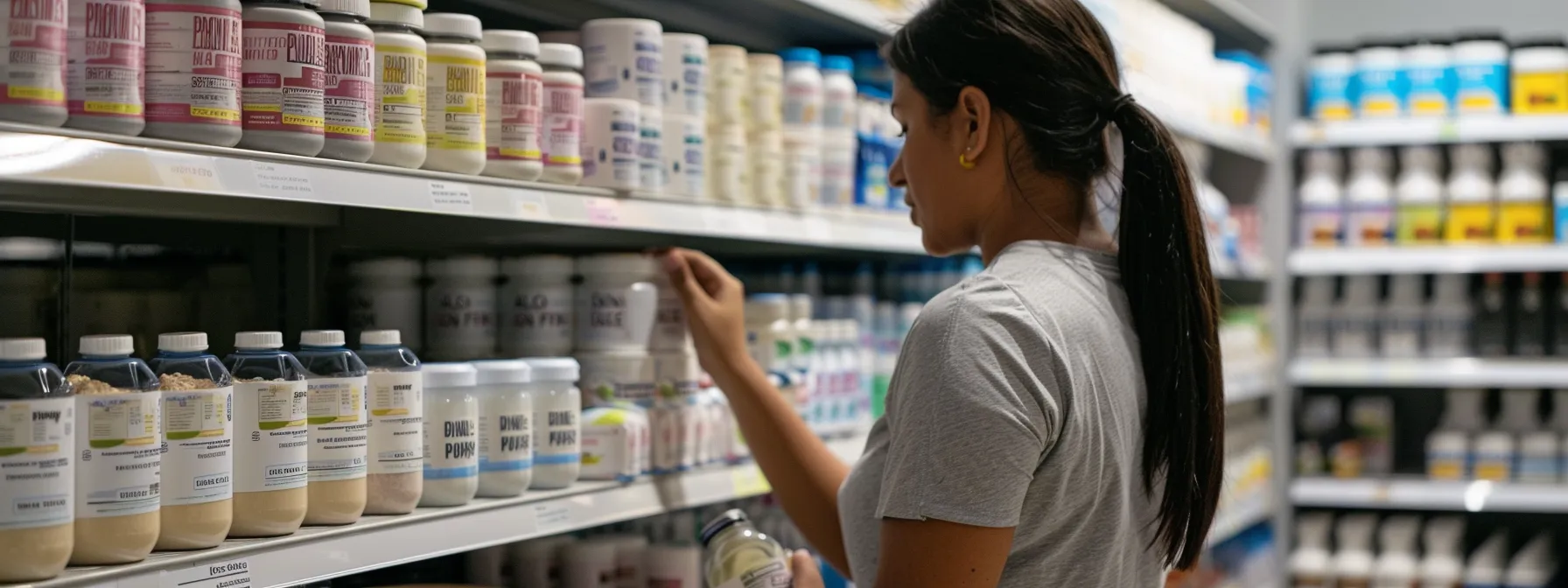 a woman carefully inspecting shelves of protein powders in a brightly lit store, comparing labels for added sugars and allergen-free options to support her weight loss journey.