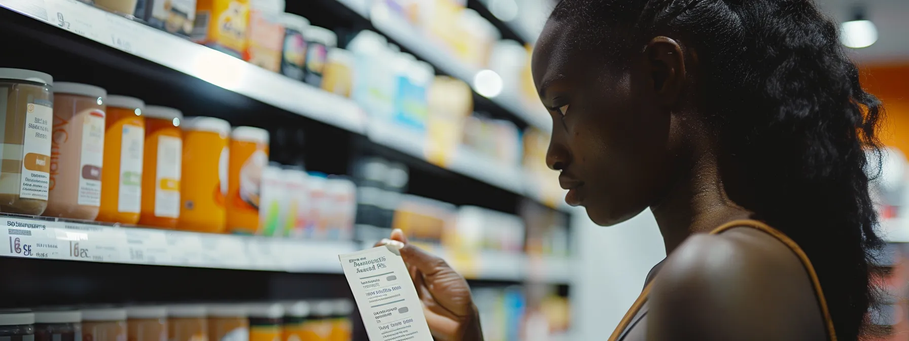 a woman carefully reading the labels of different low-sugar weight loss shakes, comparing nutritional content and ingredients to make the right choice.