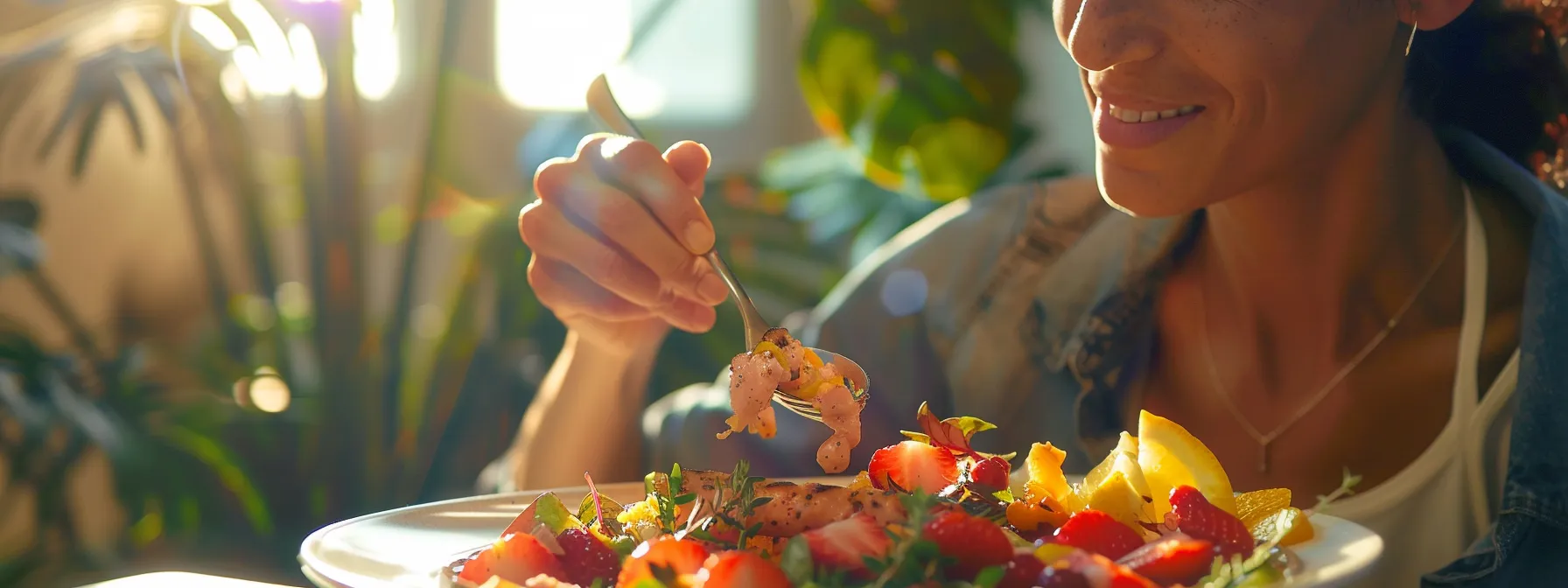 a woman enjoying a protein-rich meal after a workout, with vibrant fruits and vegetables on the side, showcasing a healthy and balanced approach to weight loss.