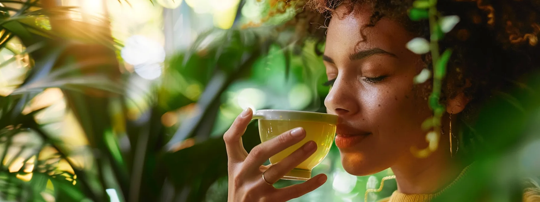 a woman enjoying a rejuvenating cup of detox tea amidst a peaceful, natural backdrop, reflecting on her weight loss journey.