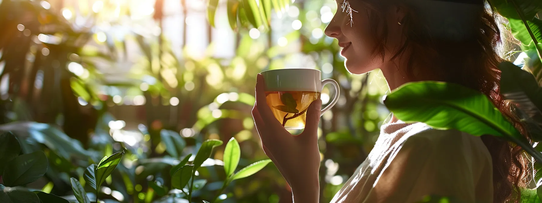 a woman enjoying a soothing cup of detox tea in a peaceful, sunlit garden, surrounded by vibrant green plants.