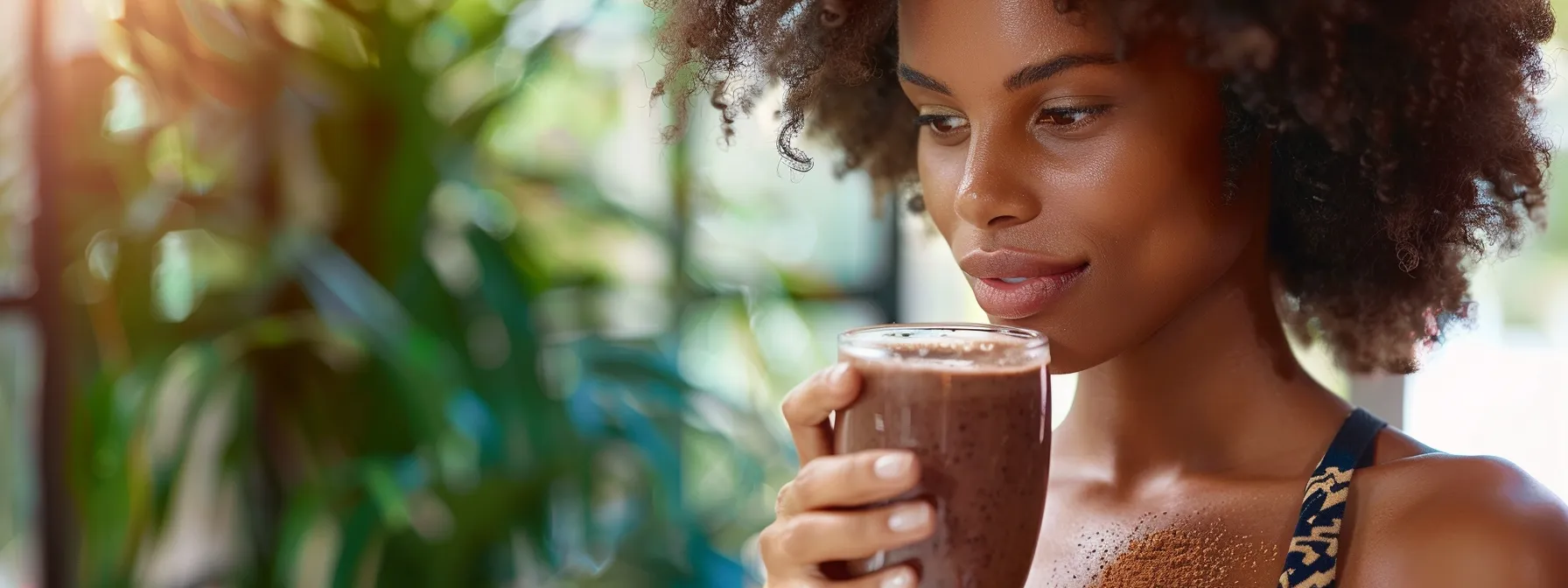 a woman holding a delicious, rich dark chocolate and butter-flavored weight loss shake, with a look of satisfaction on her face, surrounded by testimonials and expert opinions on the benefits of these shakes for healthy living.